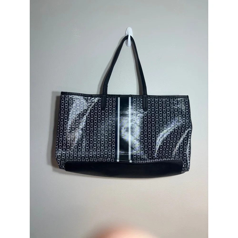 Tory Burch Gemini Link‎ Tote Bag Black White Coated Canvas Large Shoulder Bag